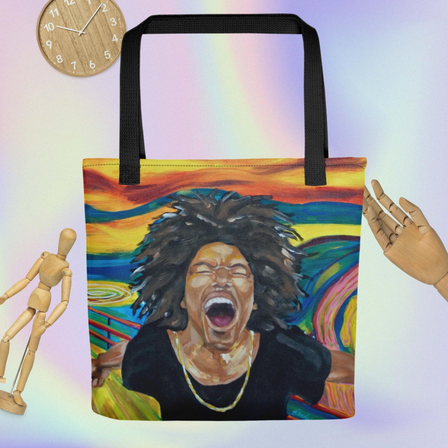 tote bag with artwork from original painting by Cheryl Handy. "Holla!" w/ Black handle.