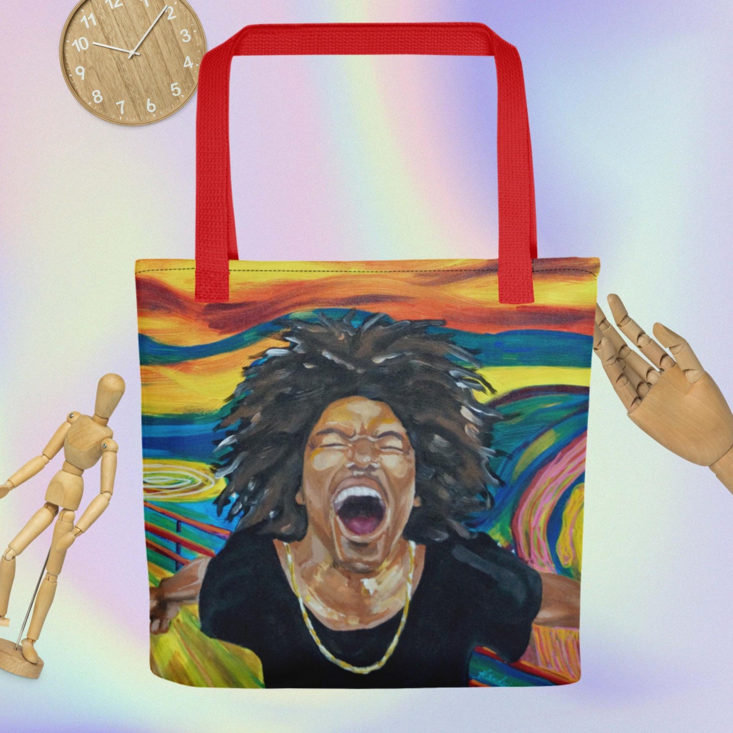 tote bag with artwork from original painting by Cheryl Handy. "Holla!" w/ red handle.