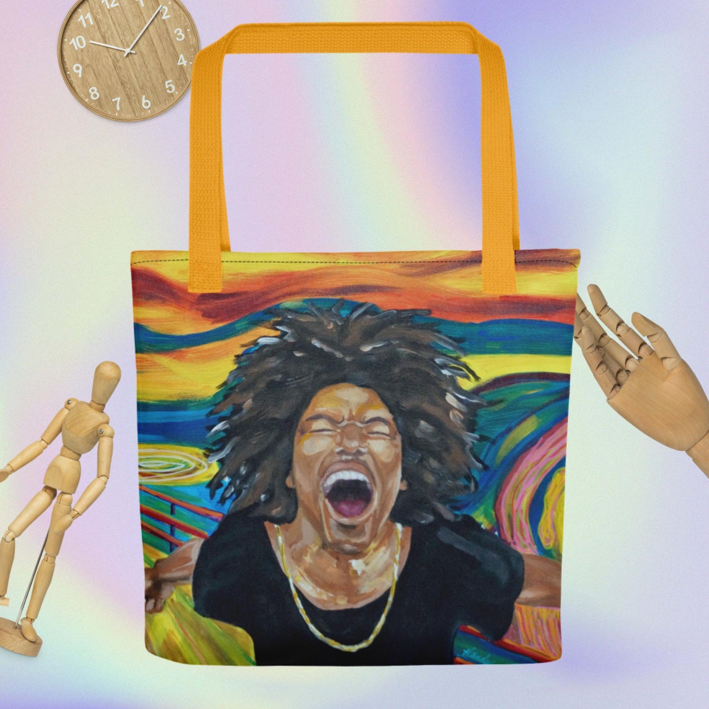tote bag with artwork from original painting by Cheryl Handy. "Holla!" w/ yellow handle.