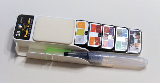 Collapsible watercolor set with brush pen, 25 colors.